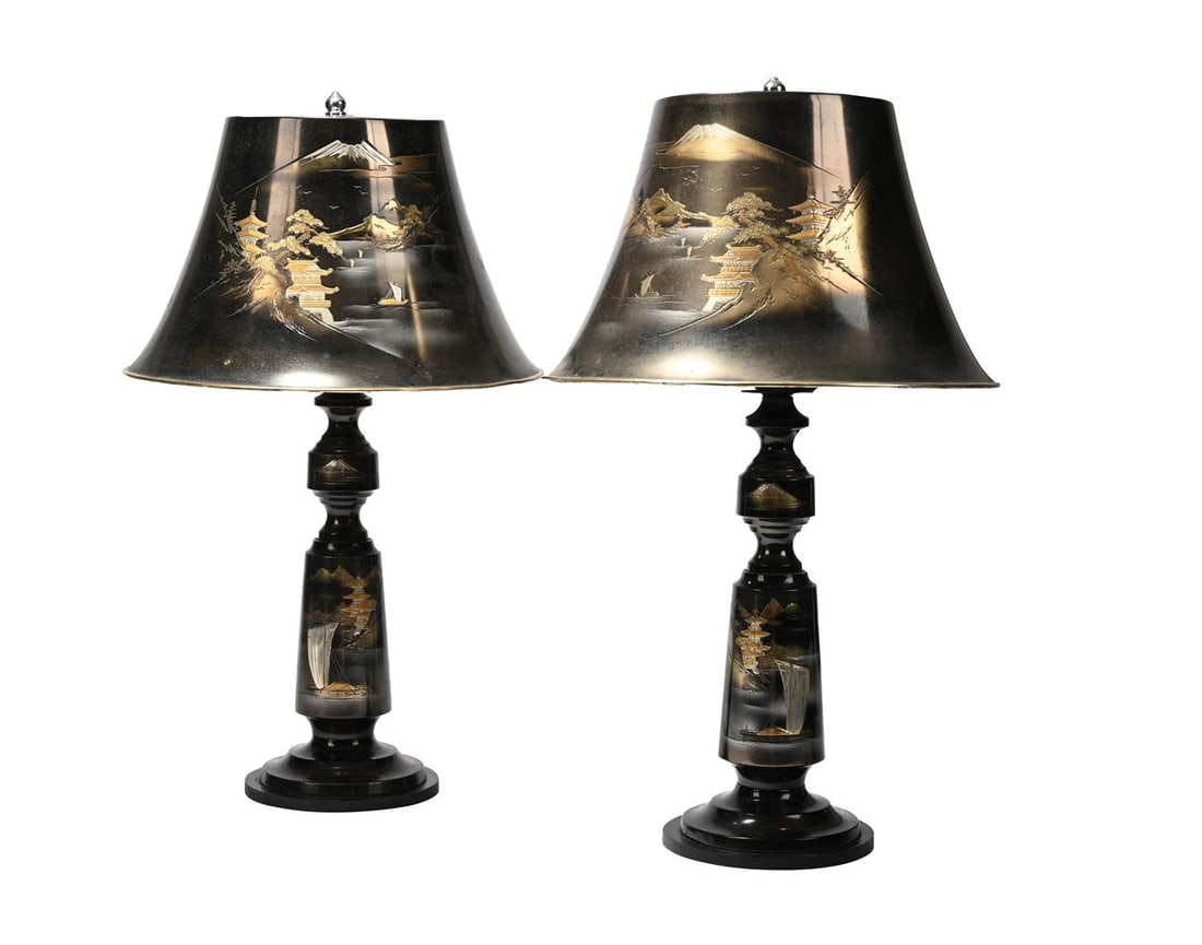 A PAIR OF JAPANESE KOMAI TABLE LAMPS AND MATCHING SHADES, CIRCA 1960: A PAIR OF JAPANESE KOMAI STYLE TABLE LAMPS AND MATCHING SHADES CIRCA 1960 Each shade and lamp body bearing a signature 60cm high, 36cm diameter Condition Report: PLEASE NOTE: ALL LOTS ARE LOCATED AT