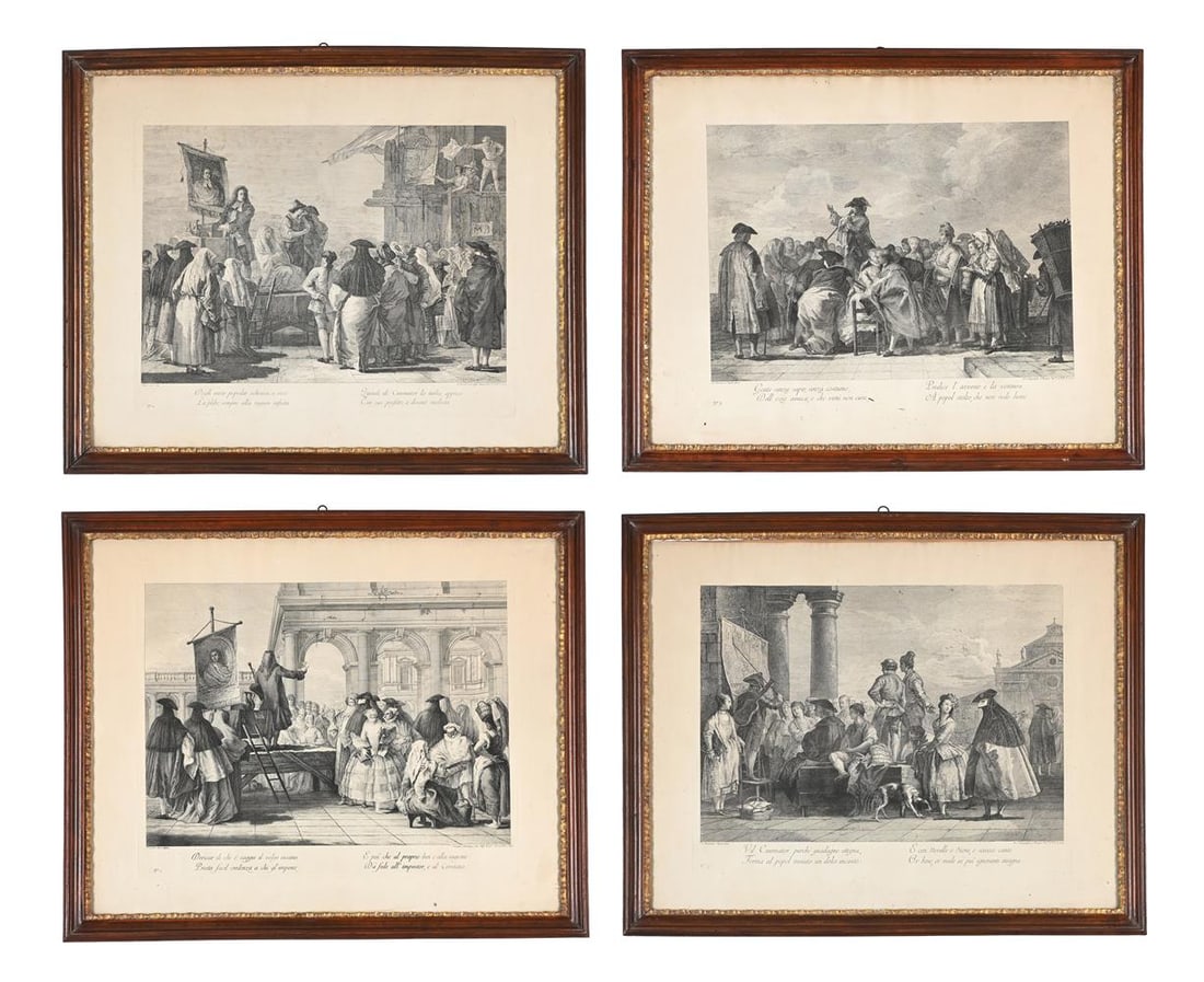 AFTER GIOVANNI DOMENICO TIEPOLO, A SET OF FOUR PRINTS DEPICTING CHARLATANS: AFTER GIOVANNI DOMENICO TIEPOLO, ENGRAVED BY JOSEPH WAGNER, FABIO BERARDI AND CHRISTOFORO DALL'ACQUA A SET OF FOUR PRINTS DEPICTING CHARLATANS Engravings Each plate 40 x 51.5cm (15½ x