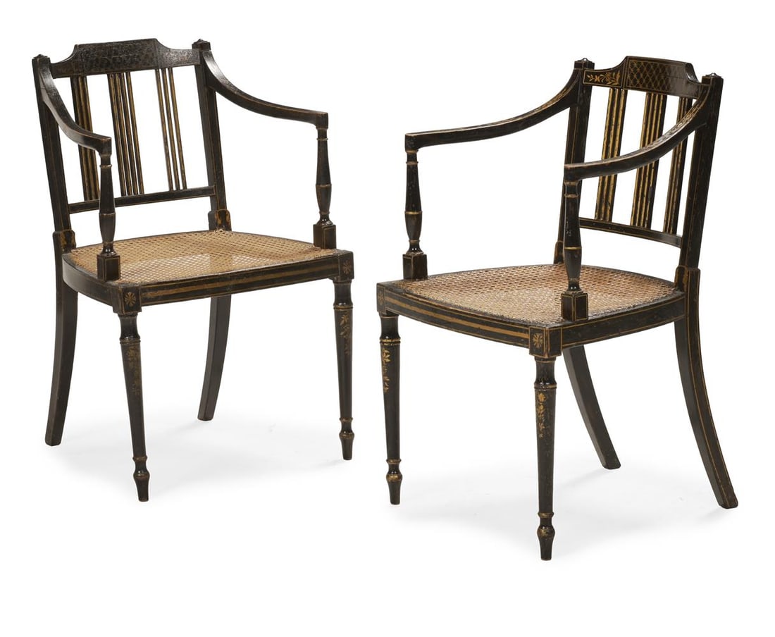 A PAIR OF REGENCY EBONISED AND PARCEL GILT OPEN ARMCHAIRS, FIRST QUARTER 19TH CENTURY - 2