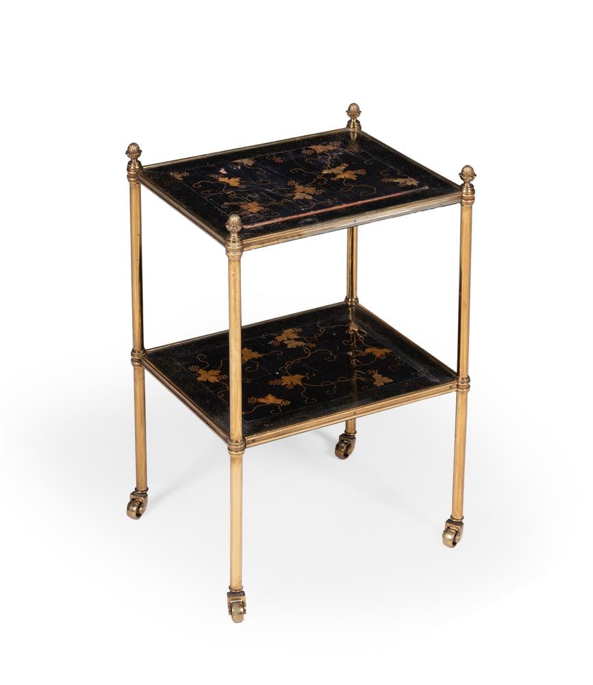 A GILT BRASS AND BLACK LACQUERED TWO TIER ETAGERE, POSSIBLY FROM MALLETS, 20TH CENTURY: A GILT BRASS AND BLACK LACQUERED TWO TIER ETAGERE POSSIBLY FROM MALLETS, 20TH CENTURY Each tier with gilt oriental scenes 60cm high, 37cm wide, 30cm deep Condition Report: PLEASE NOTE: ALL LOTS ARE