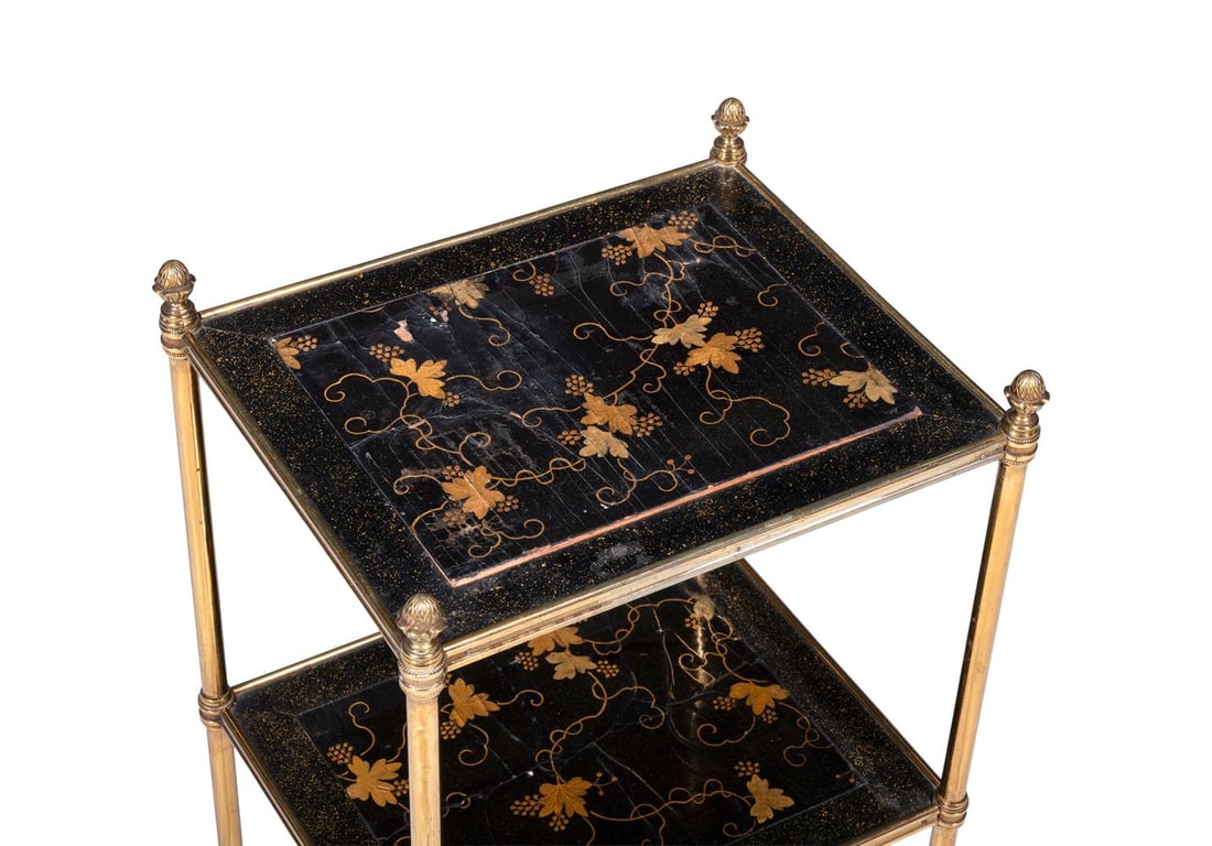 A GILT BRASS AND BLACK LACQUERED TWO TIER ETAGERE, POSSIBLY FROM MALLETS, 20TH CENTURY - 2