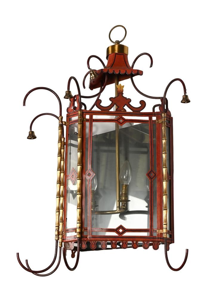 A GOTHIC REVIVAL RED PAINTED METAL WALL HANGING LANTERN, 20TH CENTURY: A GOTHIC REVIVAL RED PAINTED METAL WALL HANGING LANTERN 20TH CENTURY 156cm high, 39cm wide Condition Report: PLEASE NOTE: ALL LOTS ARE LOCATED AT SACKVILLE WEST STORAGE IN ANDOVER (SP10 3SA) AND ARE