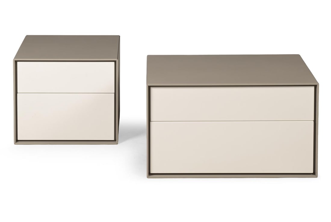 A PAIR OF B&B ITALIA 'DADO' GREY AND WHITE LAMINATE BEDSIDE TABLES, MODERN: A PAIR OF B&B ITALIA 'DADO' GREY AND WHITE LAMINATE BEDSIDE TABLES MODERN Each with grey casing and two white drawers 52cm high, 52cm wide, 55cm deep and 52cm high, 77cm wide, 55cm deep