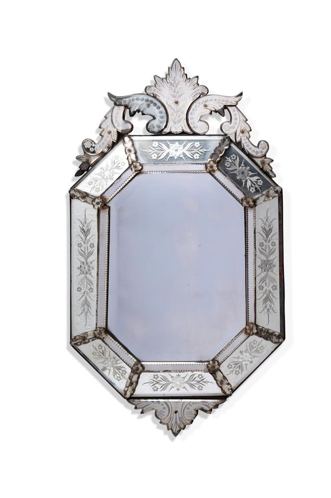 A VENETIAN CUT AND ETCHED GLASS WALL MIRROR, 19TH CENTURY: A VENETIAN CUT AND ETCHED GLASS WALL MIRROR 19TH CENTURY 111cm high, 62cm wide