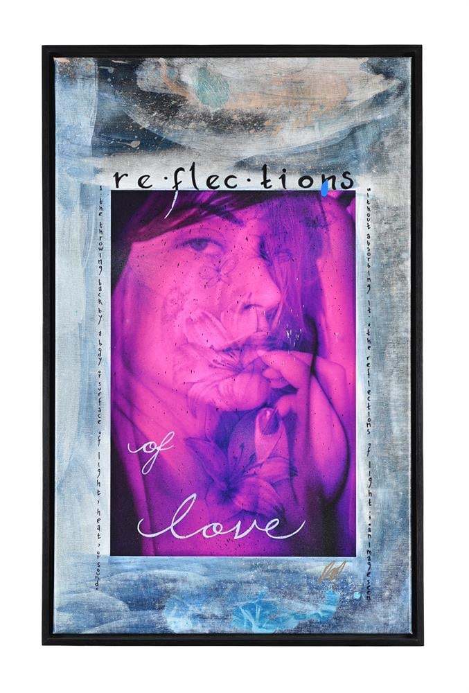 RAPHAEL MAZZUCCO (CANADIAN B. 1965), REFLECTIONS OF LOVE: RAPHAEL MAZZUCCO (CANADIAN B.1965) REFLECTIONS OF LOVE Mixed media on canvas Signed with initials (lower right) titled and extensively inscribed (centre) 107 x 66cm (42 x 25 in.) Provenance: Private
