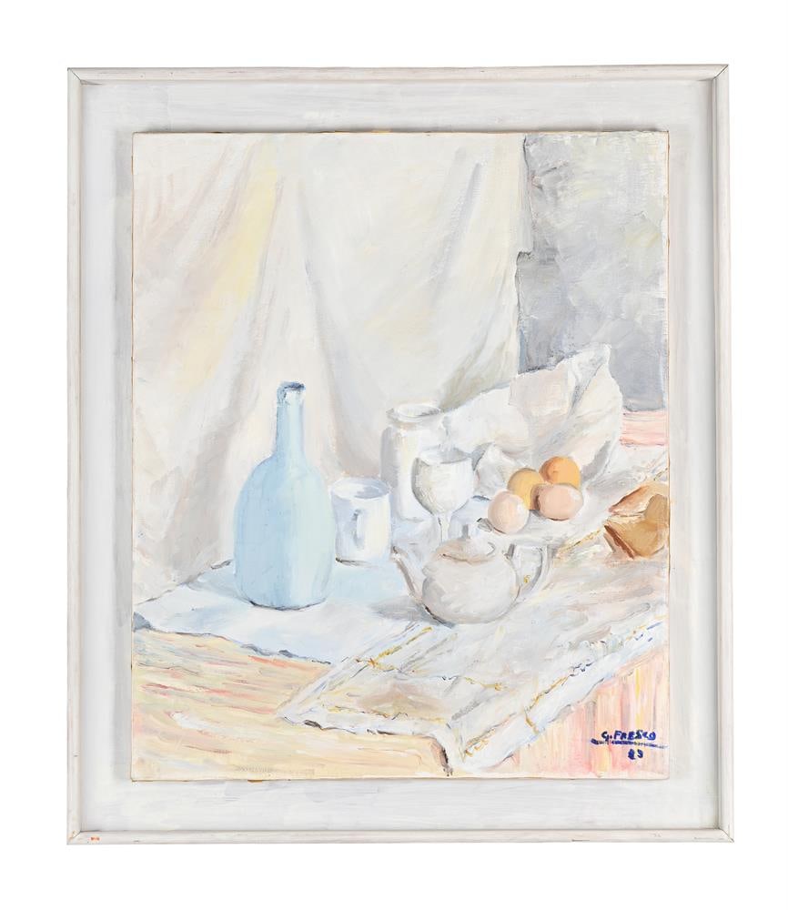 λ G. FRESCO (ITALIAN 20TH CENTURY), STILL LIFE OF JUG AND EGGS: λ G. FRESCO (ITALIAN 20TH CENTURY) STILL LIFE OF JUG AND EGGS Oil on canvas Signed and dated 83 (lower right) 60 x 50cm (23½ x 19½in.) Condition Report: Condition Report