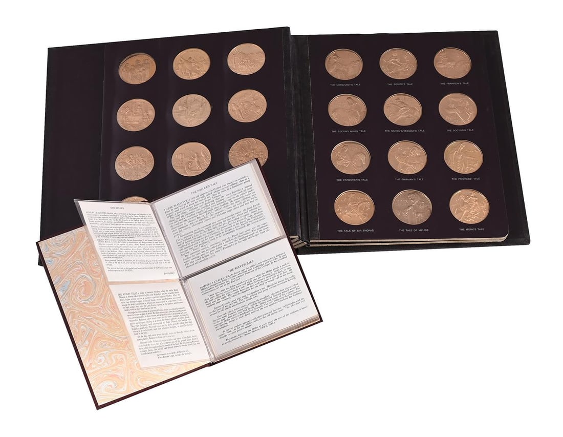 CHAUCER AND THE CANTERBURY TALES, A SET OF THIRTY SIX BRONZE MEDALLIONS: CHAUCER AND THE CANTERBURY TALES A SET OF THIRTY SIX BRONZE MEDALLIONS, JOHN PINCHES First edition proof set, contained in a presentation album, together with a second album with details for each