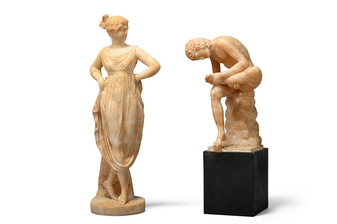 AFTER ANTONIO CANOVA, TWO CARVED ALABASTER GRAND TOUR MODELS, LAST HALF 19TH CENTURY: AFTER ANTONIO CANOVA, TWO CARVED ALABASTER GRAND TOUR MODELS, SPINARIO AND A DANCING GIRL LAST HALF 19TH CENTURY the tallest 38cm high Condition Report: PLEASE NOTE: ALL LOTS ARE LOCATED AT SACKVILLE