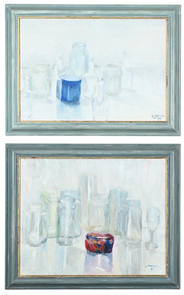 λ G. FRESCO (ITALIAN 20TH CENTURY), STILL LIFE; STILL LIFE (2): λ G. FRESCO (ITALIAN 20TH CENTURY) STILL LIFE Oil on canvas Signed and dated 87 (lower right); dedicated and dated A Luciana 18/8/98 (verso) 40.5 x 50.5cm (15¾ x 19¾in.) TOGETHER