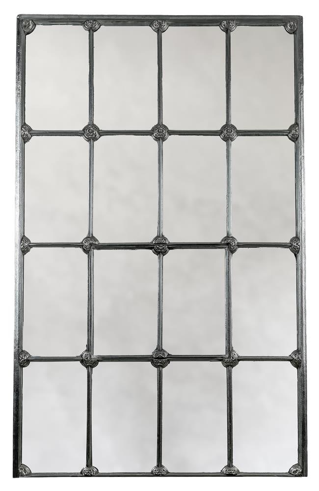 A LARGE 'MILL-WINDOW' WALL MIRROR WITH SILVERED IRON FRAME, 20TH CENTURY: A LARGE 'MILL-WINDOW' WALL MIRROR WITH SILVERED IRON FRAME 20TH CENTURY With typical small hinged section 177cm high, 107cm wide Condition Report: PLEASE NOTE: ALL LOTS ARE LOCATED AT