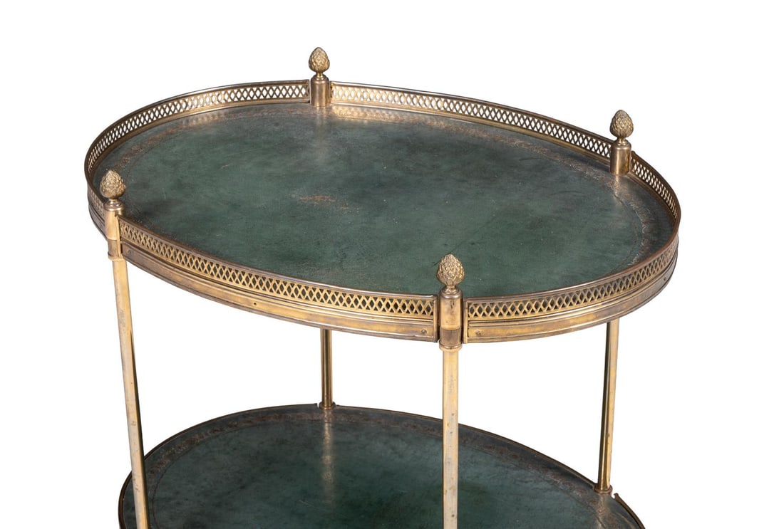 A PAIR OF OVAL TWO TIER GILT BRASS AND LEATHERED ETAGERES, 20TH CENTURY - 2