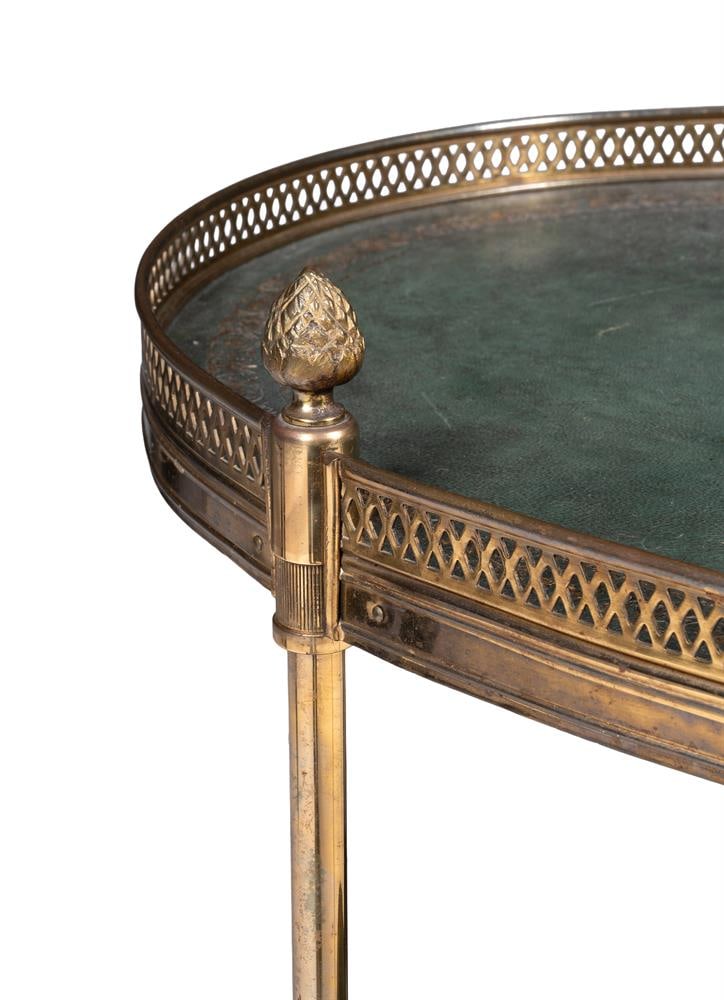 A PAIR OF OVAL TWO TIER GILT BRASS AND LEATHERED ETAGERES, 20TH CENTURY - 3