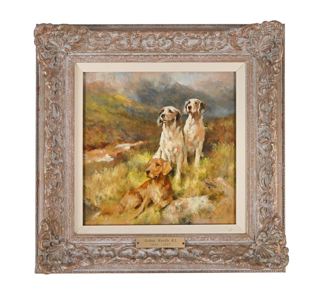 ARTHUR WARDLE (BRITISH 1864-1949), AN IRISH SETTER AND TWO ENGLISH SETTERS IN A HIGHLAND SETTING: ARTHUR WARDLE (BRITISH 1864-1949) AN IRISH SETTER AND TWO ENGLISH SETTERS IN A HIGHLAND SETTING Oil on millboard 23 x 23.2cm (9 x 9in.) Provenance: The artist's studio sale 1994 John Noott