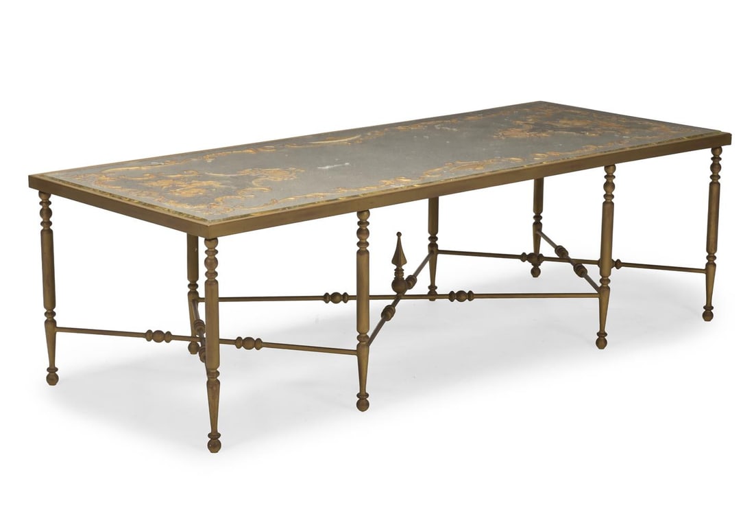 A LARGE REVERSE PAINTED MIRROR TOPPED RECTANGULAR COFFEE TABLE, FIRST HALF 20TH CENTURY: A LARGE REVERSE PAINTED MIRROR TOPPED RECTANGULAR COFFEE TABLE PROBABLY MAISON JANSEN, FIRST HALF 20TH CENTURY Decorated with gilt Chinoiserie scenes on an eight legged gilt base 53cm high, 176cm