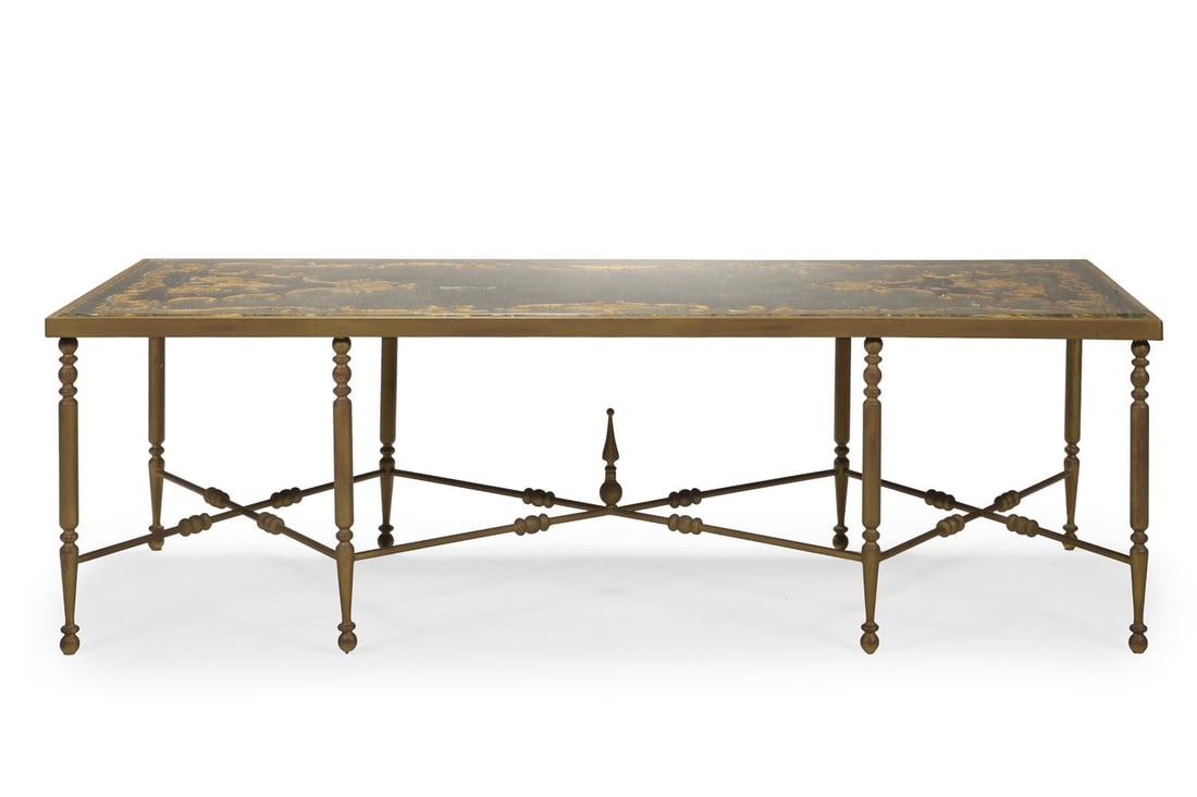 A LARGE REVERSE PAINTED MIRROR TOPPED RECTANGULAR COFFEE TABLE, FIRST HALF 20TH CENTURY - 2