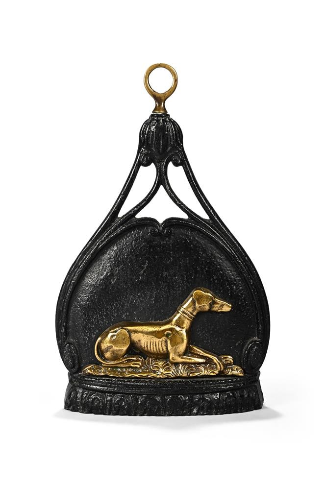 A VICTORIAN BRASS MOUNTED CAST IRON DOOR STOP OR DOOR PORTER, LATE 19TH CENTURY (1 of 3)