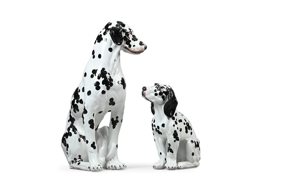 A LARGE GLAZED TERRACOTTA DALMATION OR CARRIAGE DOG AND A YOUNGER COMPANION, 20TH CENTURY: A LARGE GLAZED TERRACOTTA DALMATION OR CARRIAGE DOG AND A YOUNGER COMPANION 20TH CENTURY 74cm and 43cm high respectively Condition Report: PLEASE NOTE: ALL LOTS ARE LOCATED AT SACKVILLE WEST STORAGE