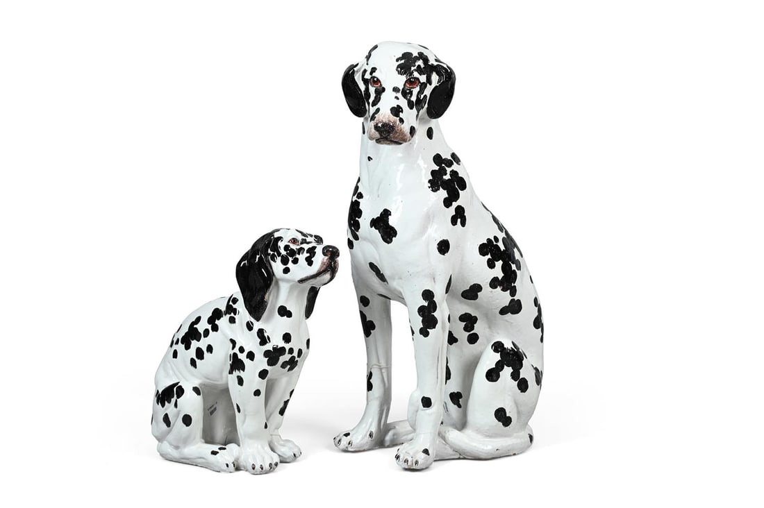 A LARGE GLAZED TERRACOTTA DALMATION OR CARRIAGE DOG AND A YOUNGER COMPANION, 20TH CENTURY - 3
