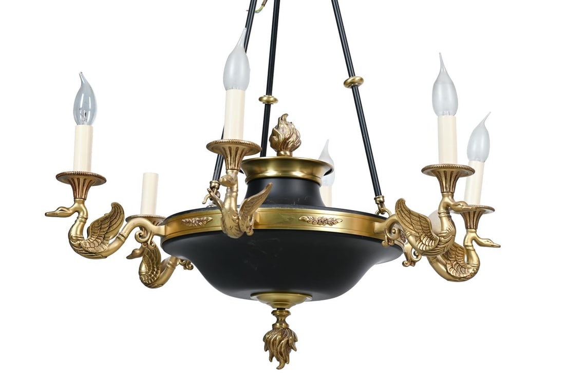 A PATINATED AND GILT SIX SCONCE HANGING CHANDELIER, IN NAPOLEON III STYLE, MODERN: A NAPOLEON III STYLE PATINATED AND GILT SIX SCONCE HANGING CHANDELIER MODERN With stylised swan arms 64cm diameter