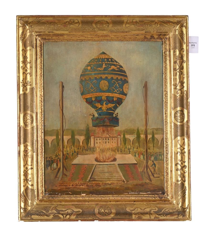 FRENCH SCHOOL (LATE 19TH CENTURY), THE FIRST FREE ASCENT OF A HOT AIR BALLOON: FRENCH SCHOOL (LATE 19TH CENTURY) THE FIRST FREE ASCENT OF A HOT AIR BALLOON, PARIS 1783 Oil on panel Inscribed 'Pilâtre de Rozies [sic] et le marquis d'Arlandes, dans un globe volant /