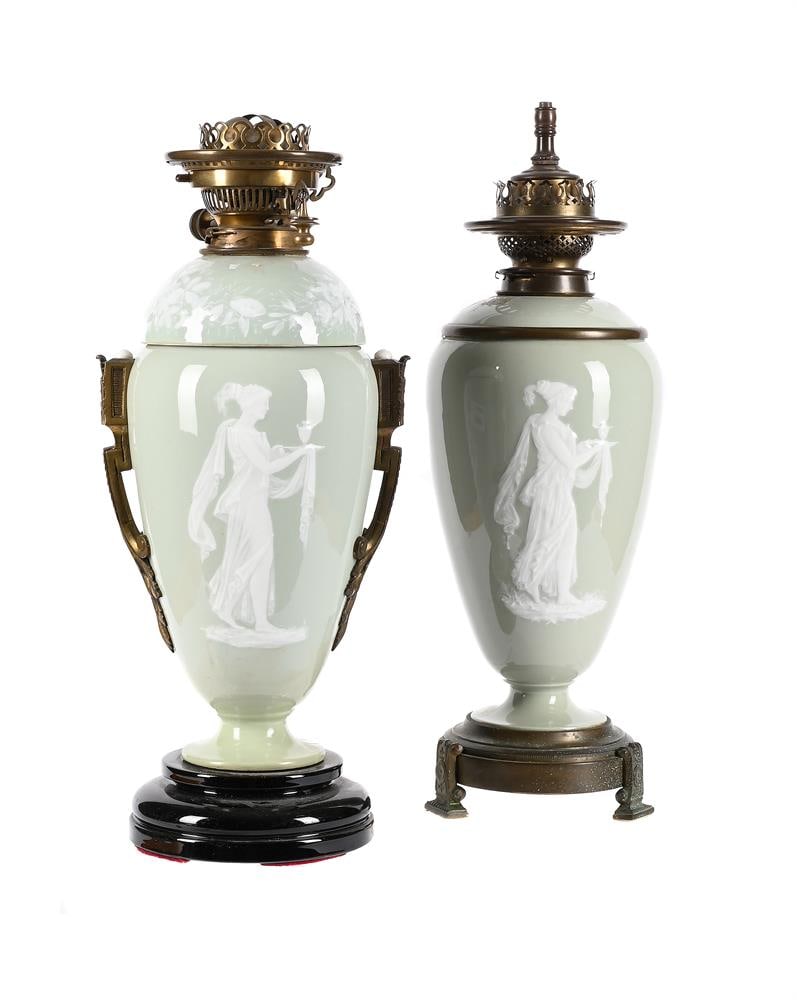 TWO SIMILAR FRENCH PATE SUR PATE TABLE LIGHTS, PROBABLY LIMOGES, CIRCA 1900 (1 of 1)