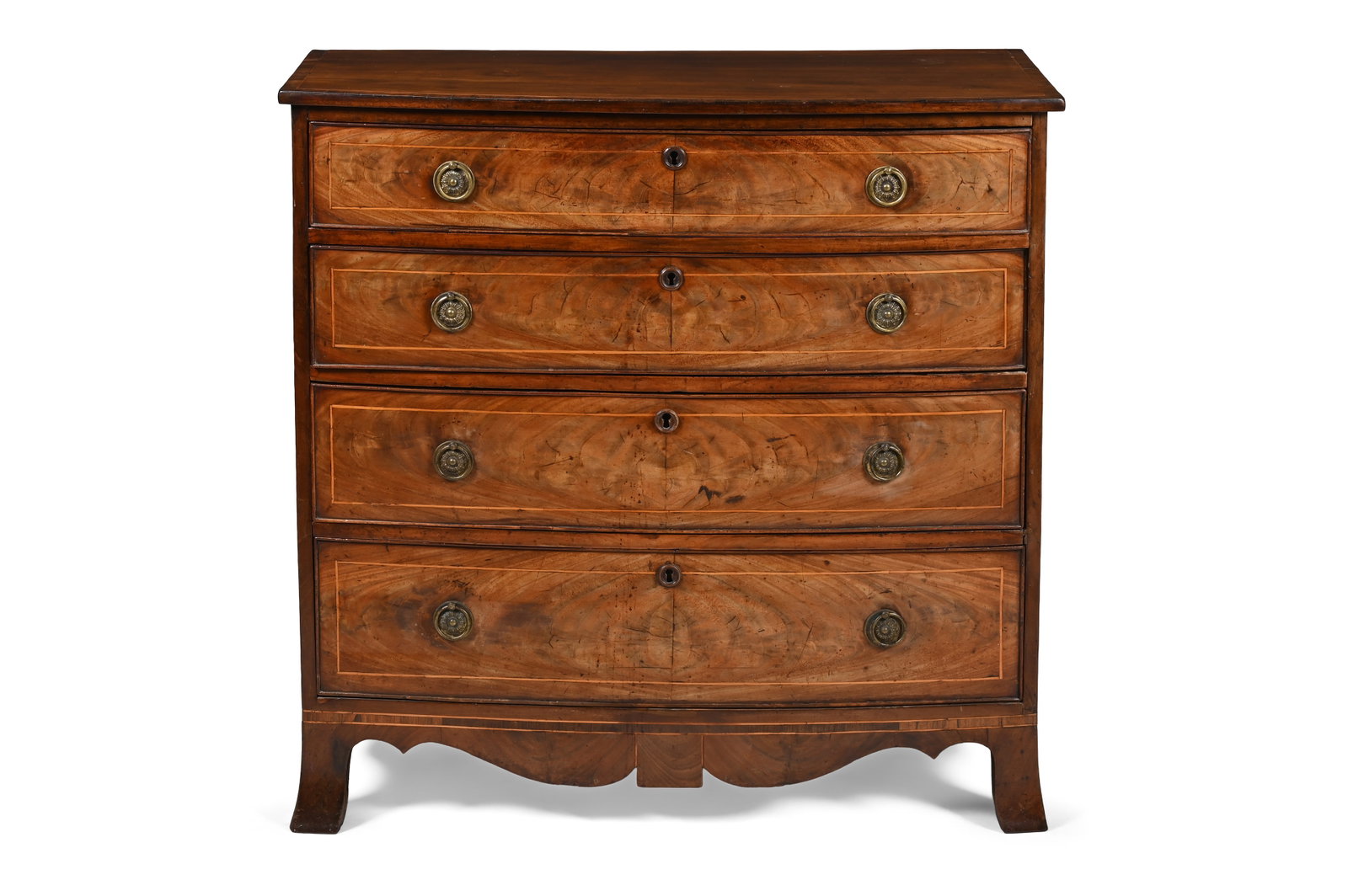 A GEORGE III CROSSBANDED MAHOGANY BOWFRONTED CHEST OF DRAWERS, CIRCA 1790: A GEORGE III CROSSBANDED MAHOGANY BOWFRONTED CHEST OF DRAWERS CIRCA 1790 Fitted four long drawers and splay bracket feet 97cm high, 98cm wide, 47cm deep Condition Report Disclaimer