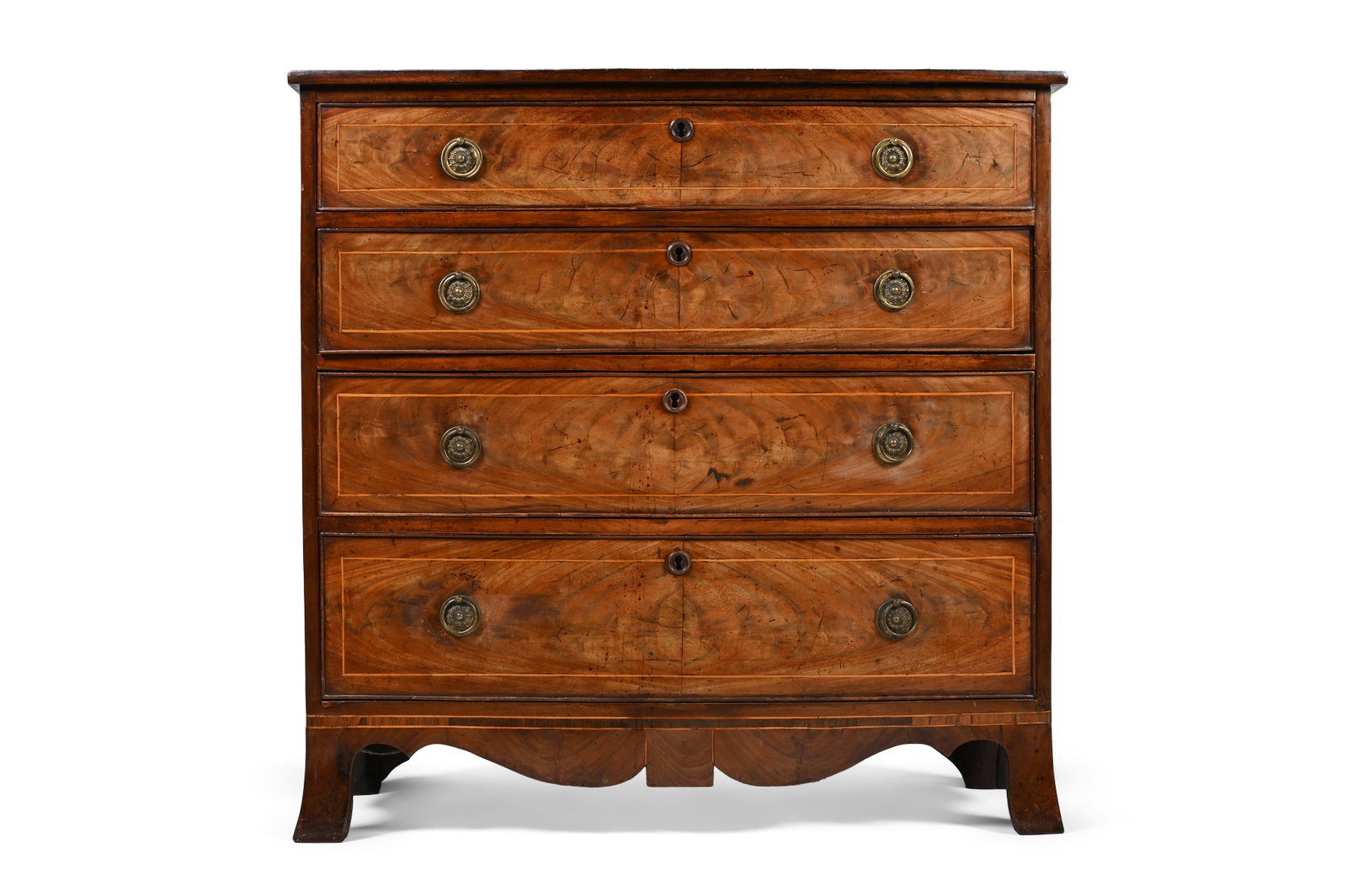 A GEORGE III CROSSBANDED MAHOGANY BOWFRONTED CHEST OF DRAWERS, CIRCA 1790 - 2