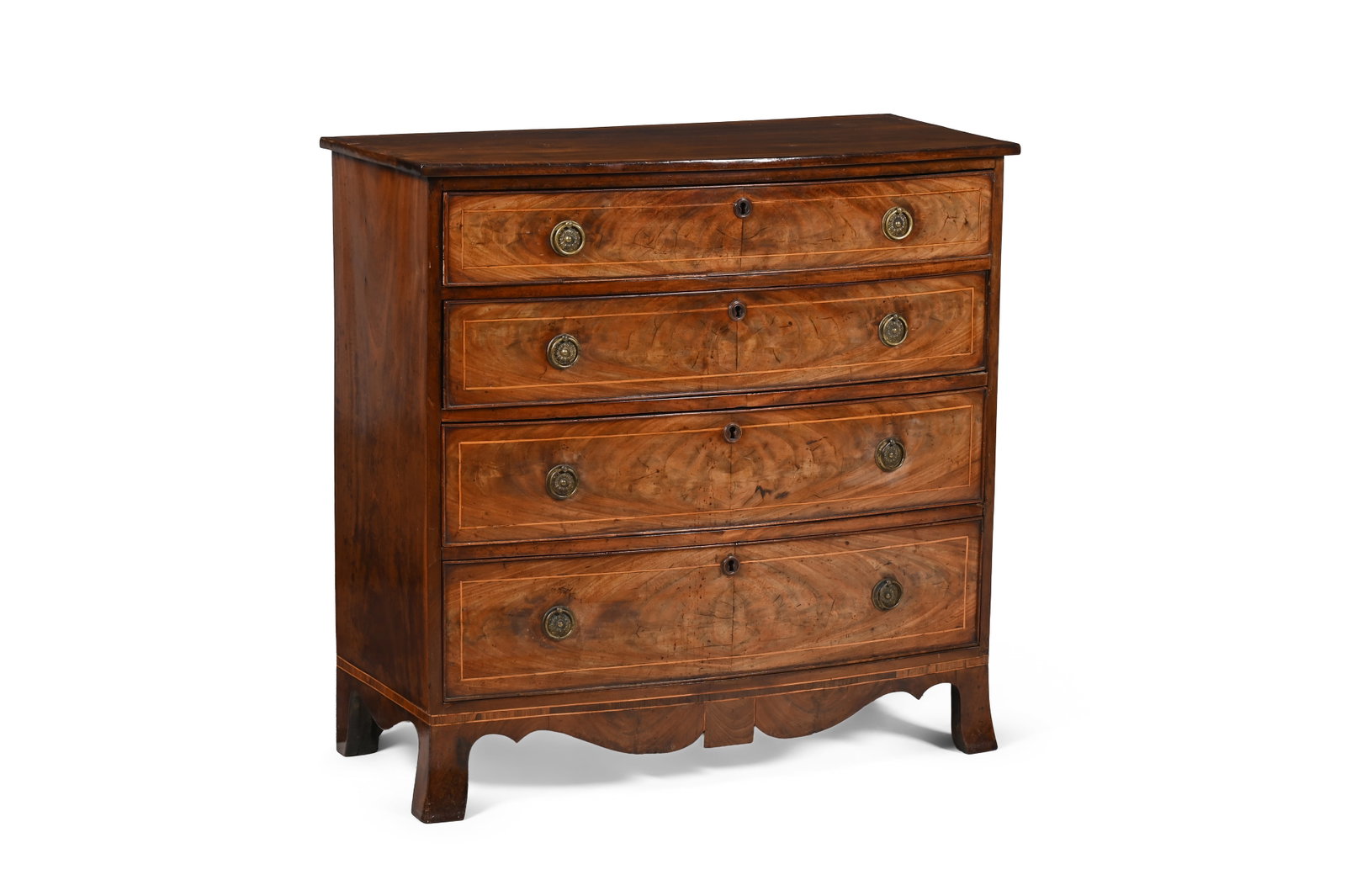 A GEORGE III CROSSBANDED MAHOGANY BOWFRONTED CHEST OF DRAWERS, CIRCA 1790 - 3