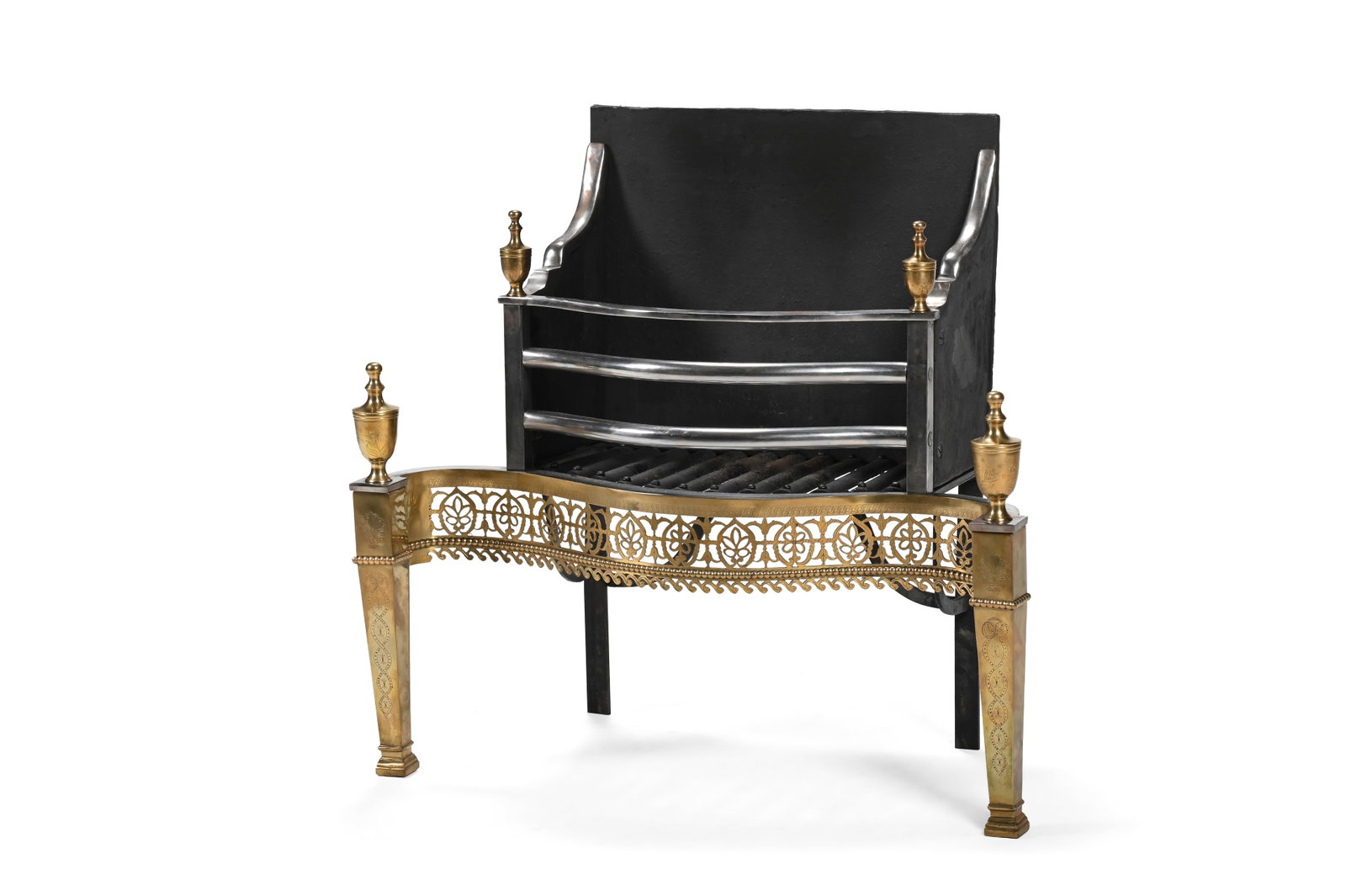 A BRUSHED STEEL, CAST IRON AND BRASS FIRE BASKET, EARLY 20TH CENTURY: A BRUSHED STEEL, CAST IRON AND BRASS FIRE BASKET IN GEORGE III STYLE, EARLY 20TH CENTURY 80cm high, 83cm wide, 41cm deep overall Condition Report: PLEASE NOTE: ALL LOTS ARE LOCATED AT SACKVILLE
