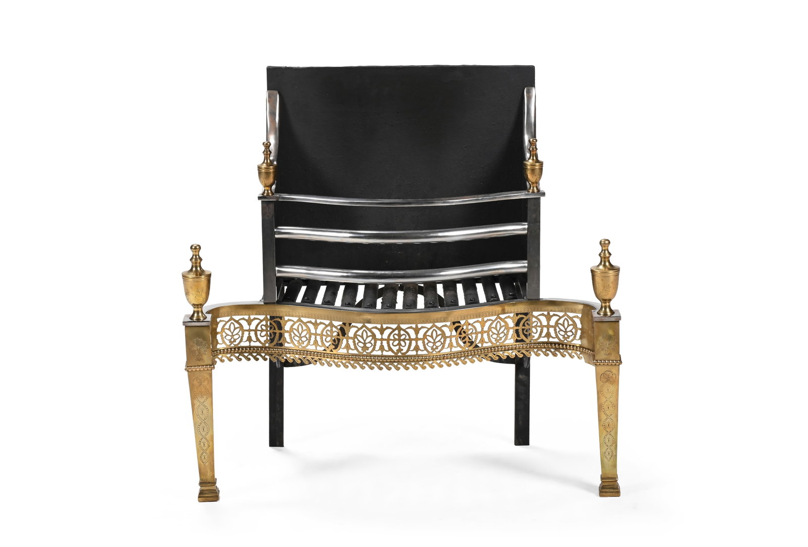 A BRUSHED STEEL, CAST IRON AND BRASS FIRE BASKET, EARLY 20TH CENTURY - 2