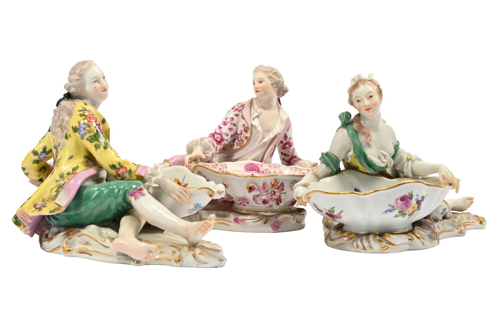 THREE MEISSEN FIGURAL SWEETMEAT DISHES, LATE 19TH AND 20TH CENTURIES, WITH TWO VASES - 2