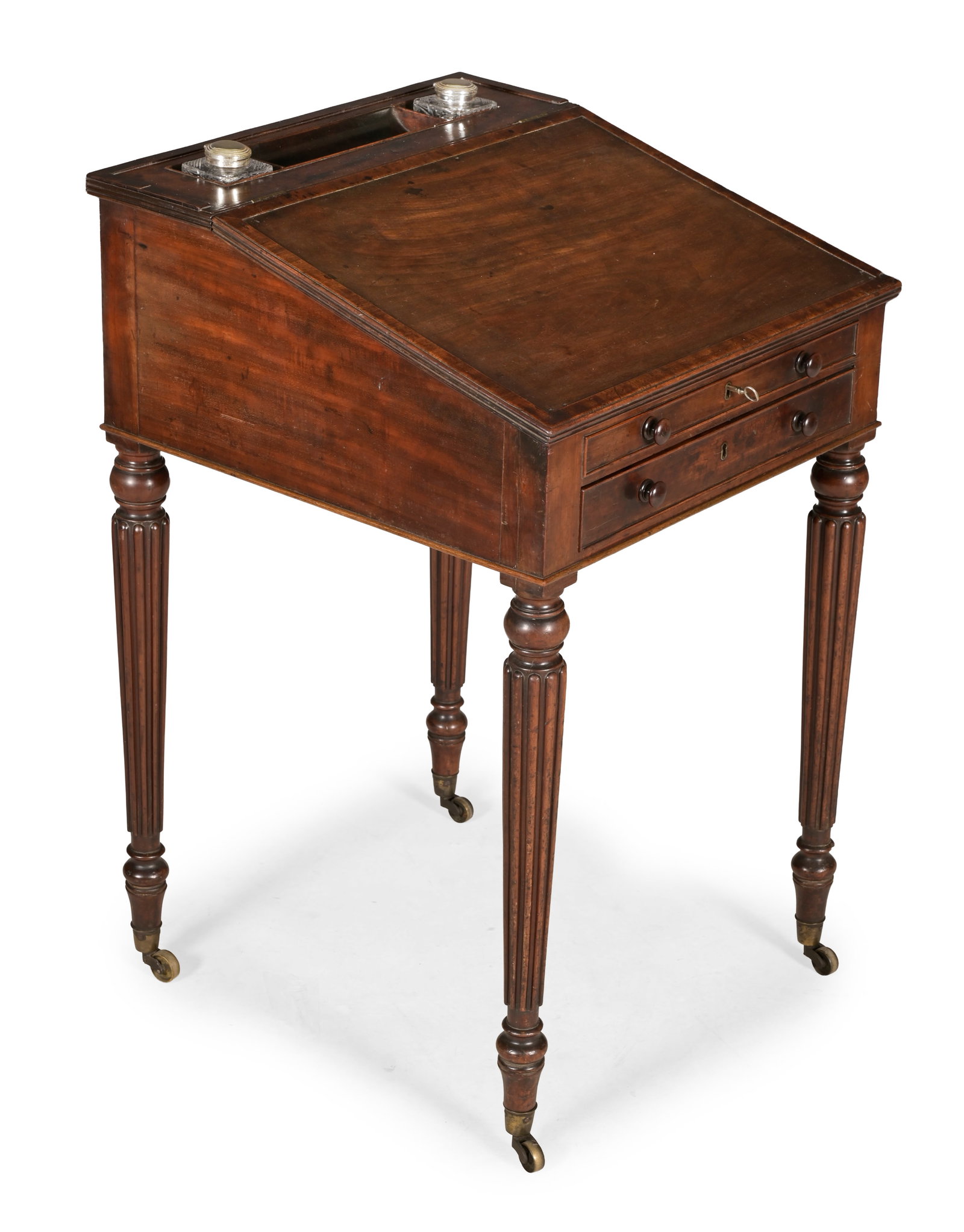 Y A REGENCY MAHOGANY DAVENPORT WRITING TABLE, IN THE MANNER OF GILLOWS, CIRCA 1820: Y A REGENCY MAHOGANY DAVENPORT WRITING TABLE IN THE MANNER OF GILLOWS, CIRCA 1820 with ivory handles 89cm high, 57cm wide, 60cm deep Please note Dreweatts have applied for a de minimis exemption