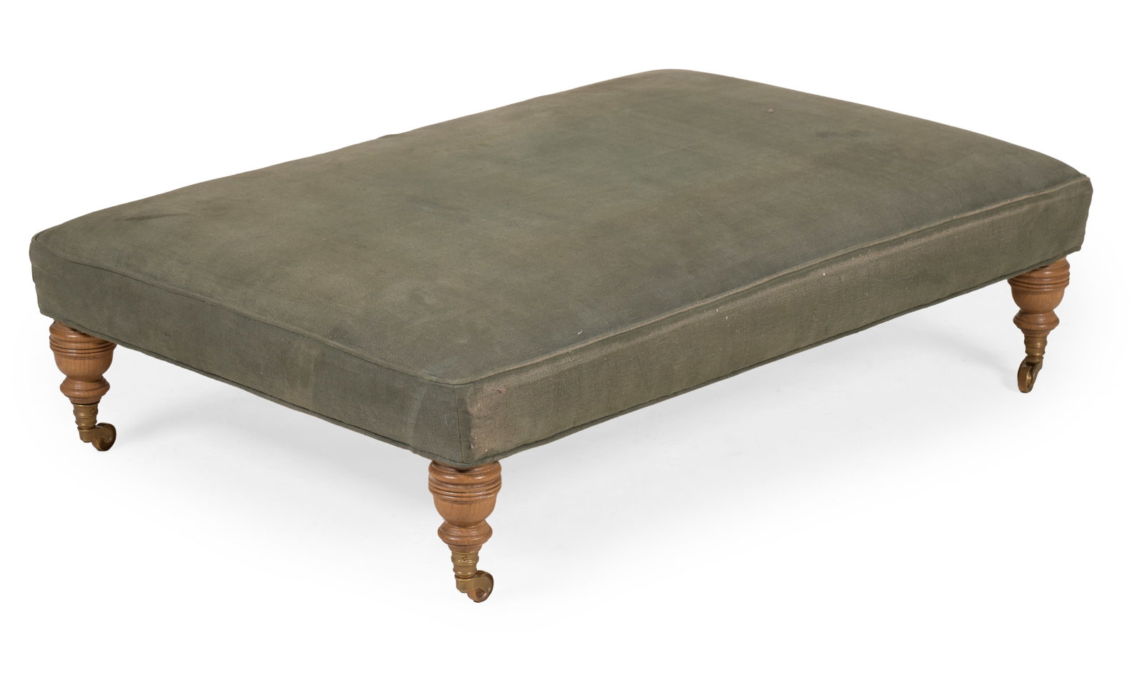 A LARGE LORFORDS UPHOLSTERED RECTANGULAR CENTRE STOOL, MODERN: A LARGE LORFORDS UPHOLSTERED RECTANGULAR CENTRE STOOL MODERN Upholstered in 19th century hand dyed linen, in natural locally sourced pigments, in the colour 'Dirty Sage' 34cm high, 121cm wide, 79cm