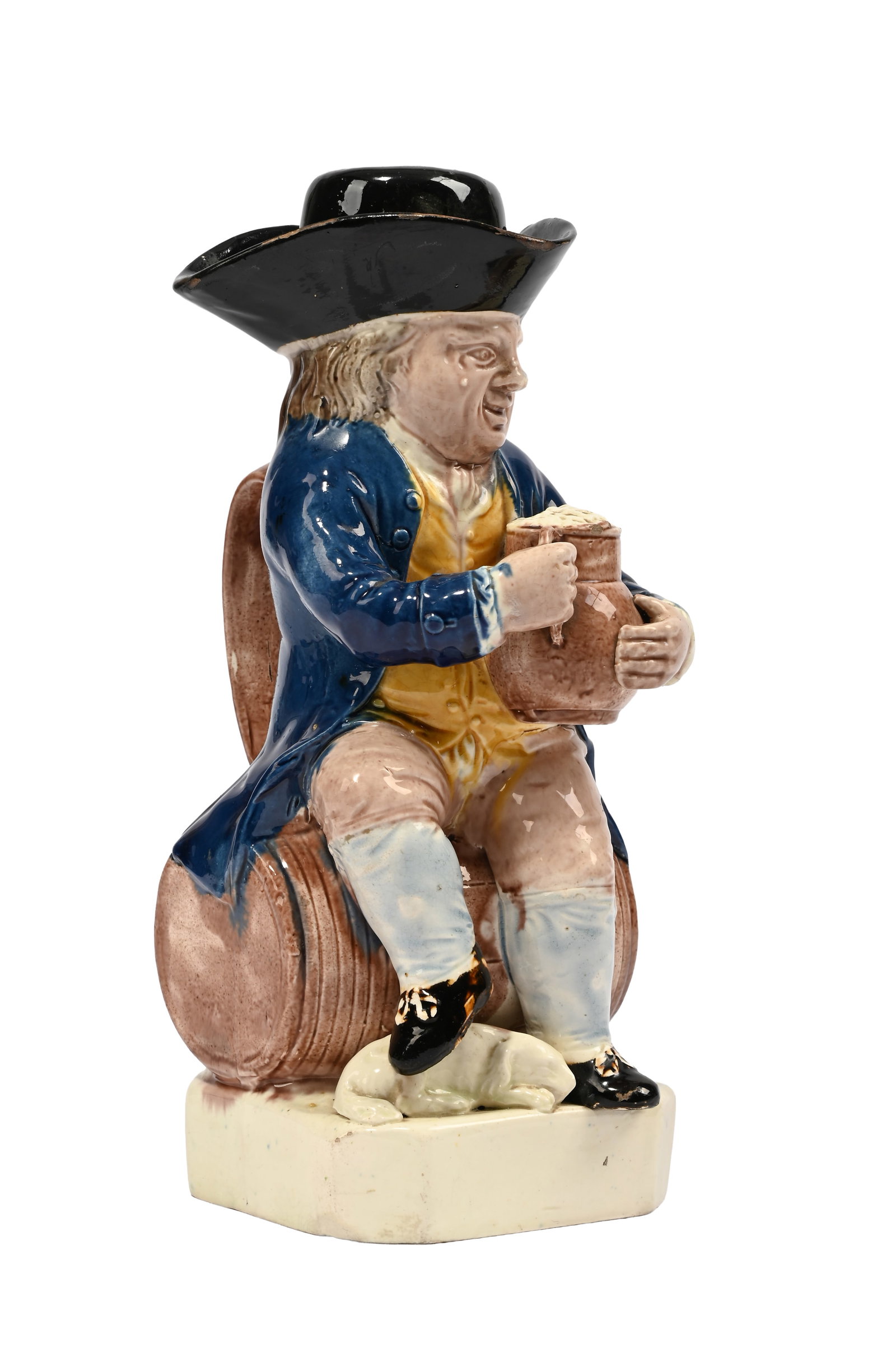 A STAFFORDSHIRE CREAMWARE TOBY JUG AND COVER WITH SLEEPING DOG, CIRCA 1800 - 2