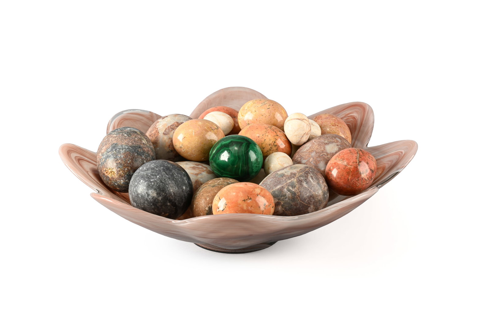 A DECORATIVE ART GLASS LOBED BOWL CONTAINING A COLLECTION OF DECORATIVE TURNED EGGS EG (1 of 3)