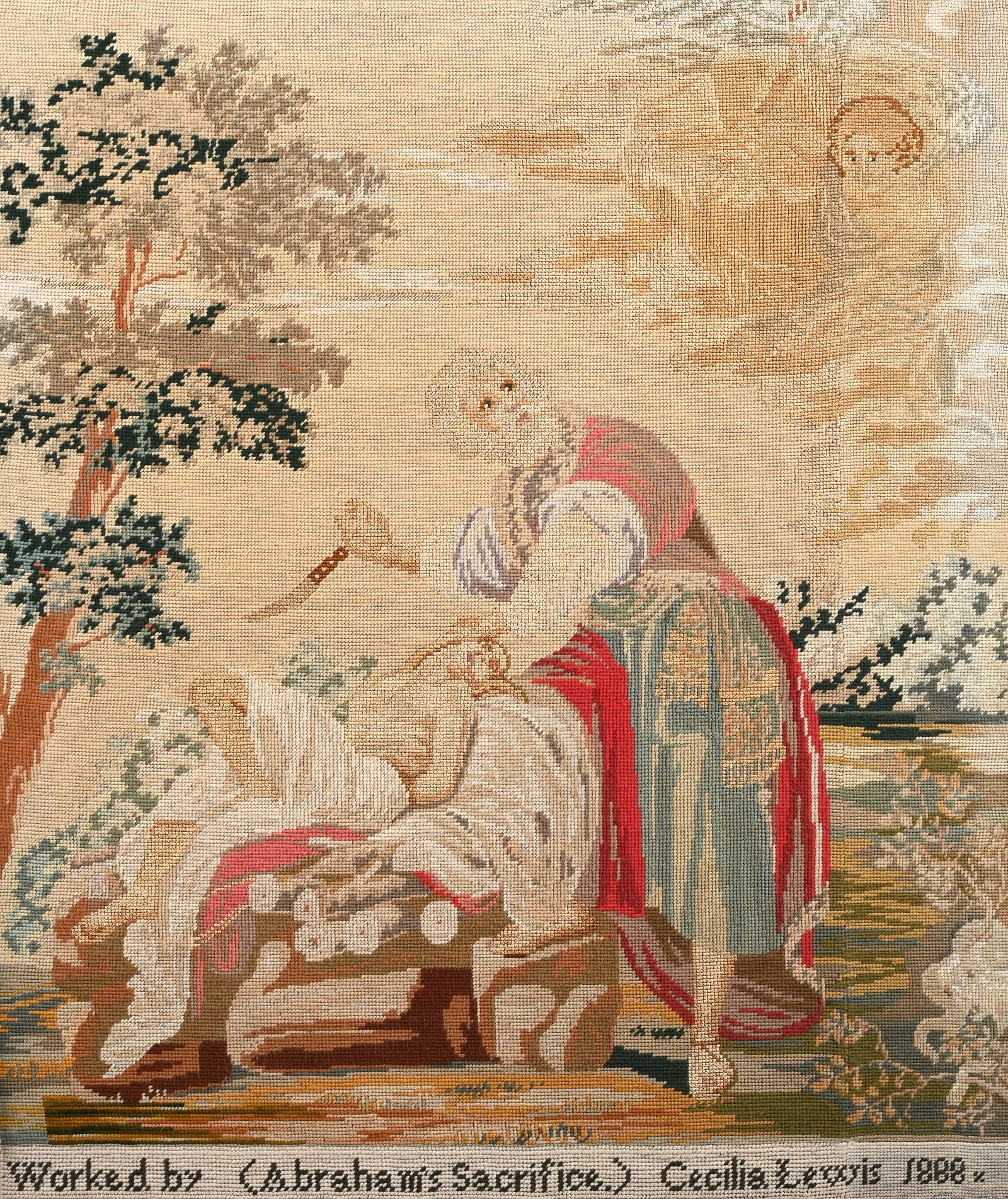 A LARGE VICTORIAN WELSH WOOLWORK PICTURE 'ABRAHAM AND ISAAC', DATED 1886 - 2