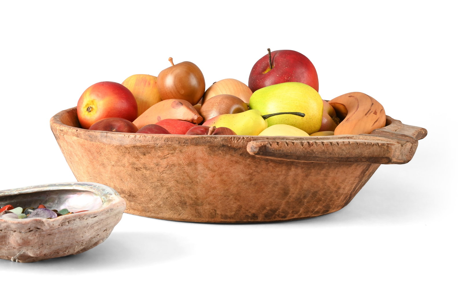 A TRIBAL WOODEN BOWL CONTAINING REALISTIC FRUIT, WITH A SEASHELL, MINERALS AND CRYSTALS - 2