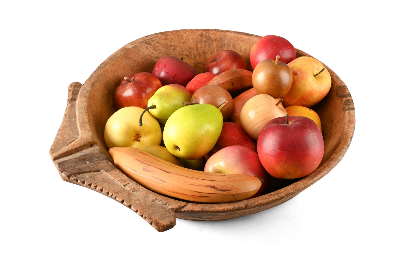 A TRIBAL WOODEN BOWL CONTAINING REALISTIC FRUIT, WITH A SEASHELL, MINERALS AND CRYSTALS - 3