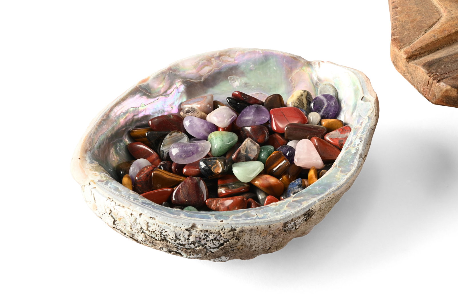 A TRIBAL WOODEN BOWL CONTAINING REALISTIC FRUIT, WITH A SEASHELL, MINERALS AND CRYSTALS - 4