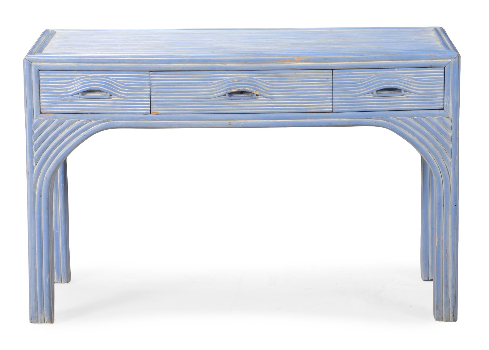 A BLUE PAINTED THREE DRAWER DRESSING TABLE WITH RELIEF WOOD GRAINED SURFACE, 20TH CENTURY - 2