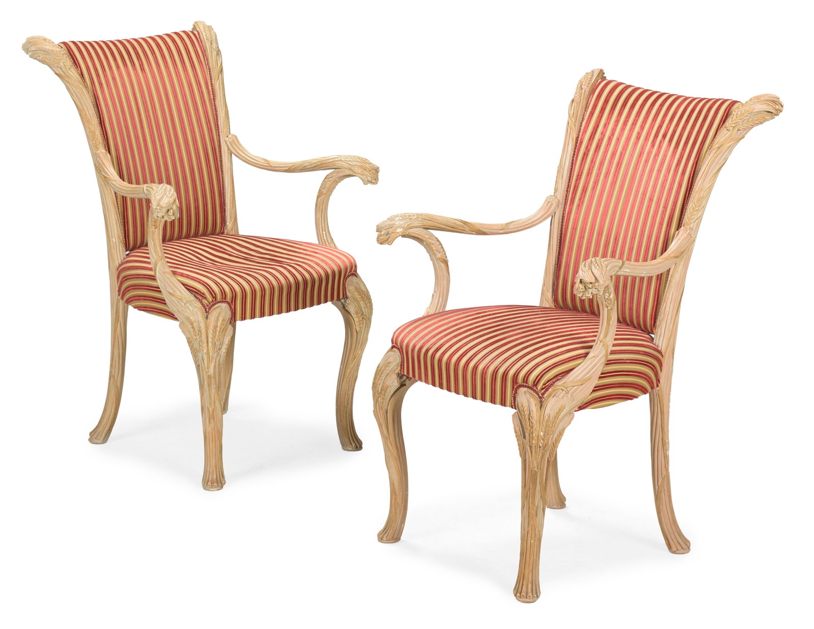 A PAIR OF NATURALISTICALLY CARVED AND PARCEL GILTWOOD OPEN ARMCHAIRS, 20TH CENTURY: A PAIR OF NATURALISTICALLY CARVED AND PARCEL GILTWOOD OPEN ARMCHAIRS 20TH CENTURY With stuff over upholstery 97cm high, 67cm wide, 63cm deep Condition Report: