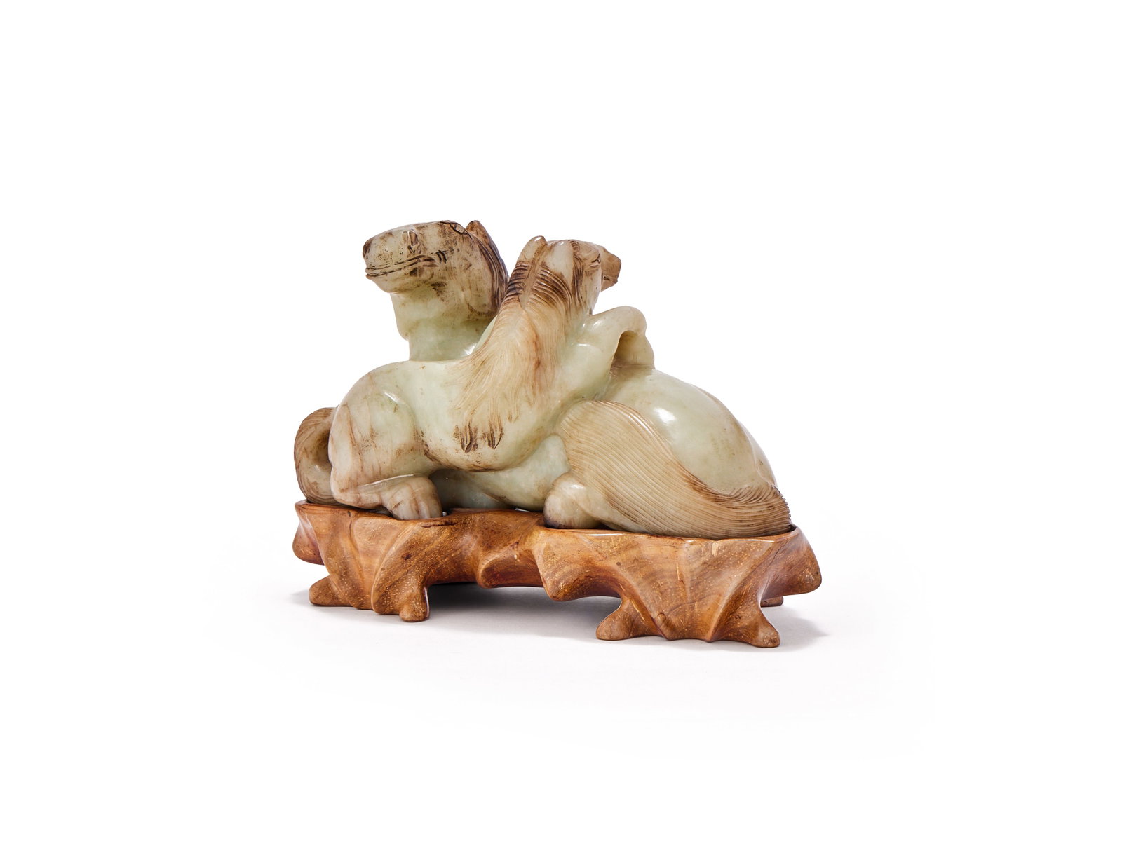 A CHINESE CELADON, JADE FIGURE OF A SEATED MARE WITH A PONY - 3