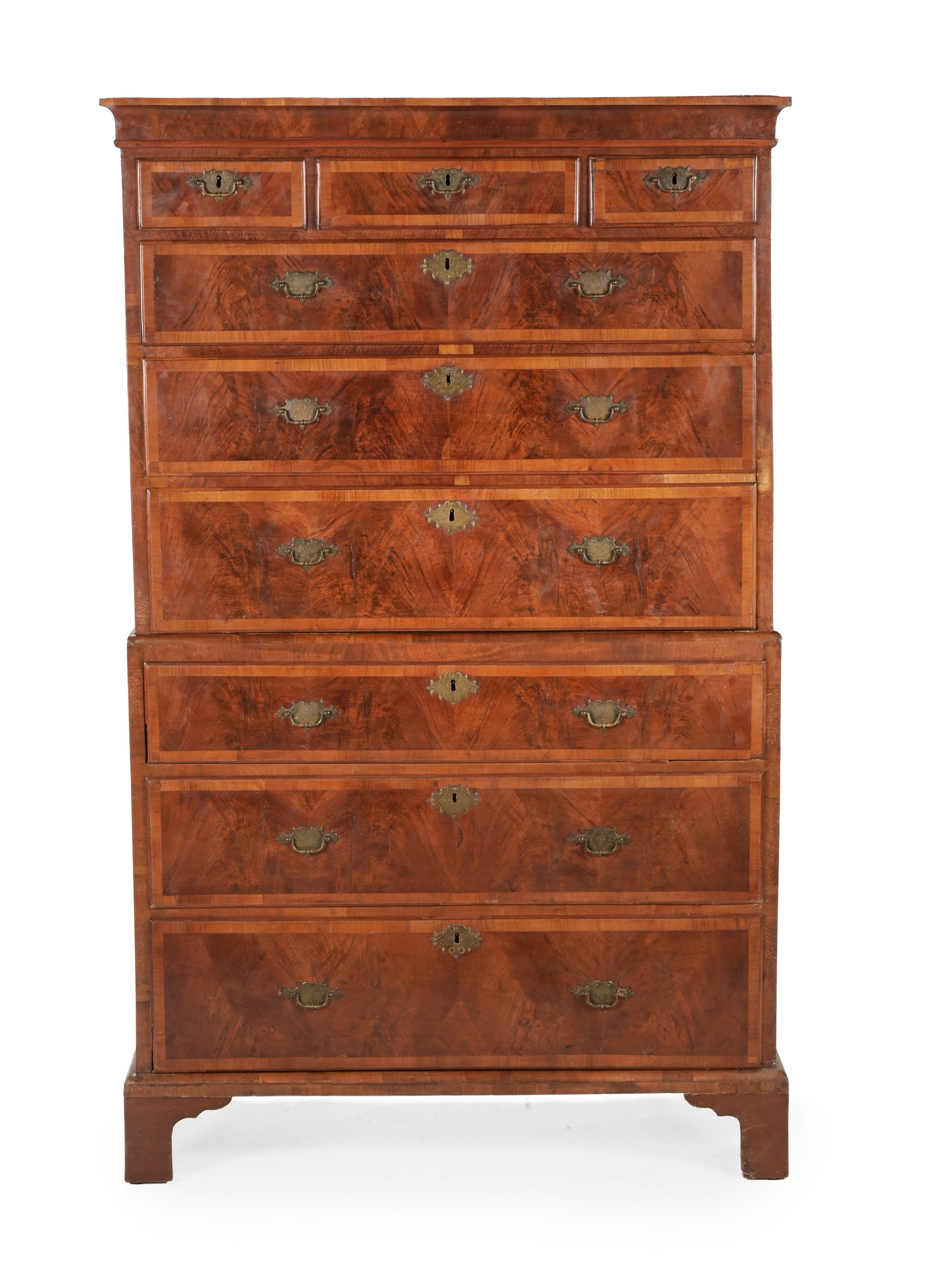 A GEORGE II CROSSBANDED WALNUT AND OAK CHEST ON CHEST, CIRCA 1740 - 2