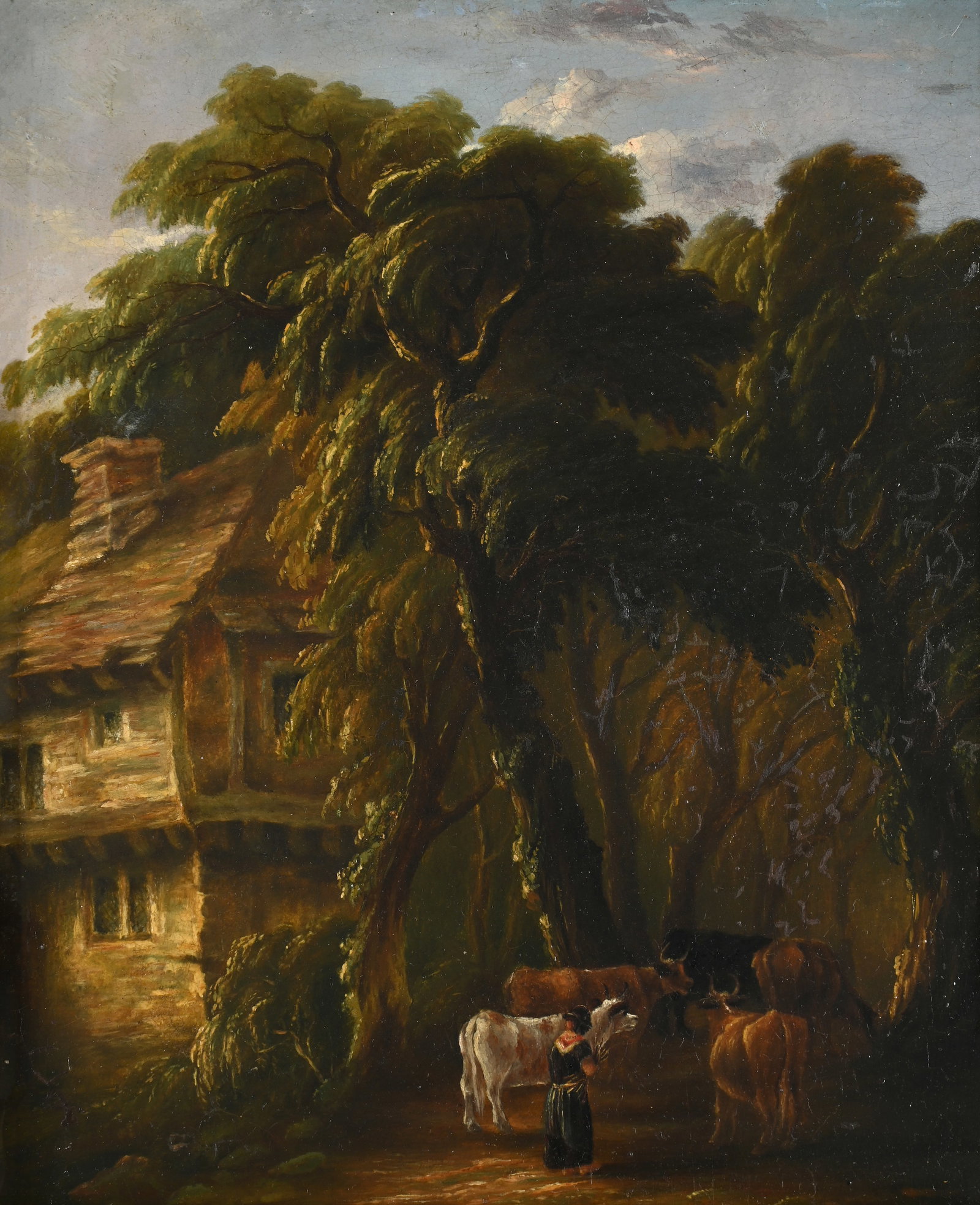 ENGLISH SCHOOL (19TH CENTURY), A WOODLAND COTTAGE WITH CATTLE IN A GLADE - 2