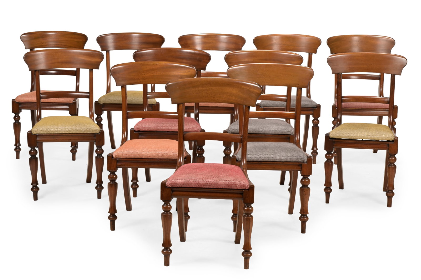 A SET OF TWELVE VICTORIAN MAHOGANY DINING CHAIRS, CIRCA 1840: A SET OF TWELVE VICTORIAN MAHOGANY DINING CHAIRS CIRCA 1840 With drop in seats and baluster legs 90cm high, 44cm wide, 45cm deep Condition Report: PLEASE NOTE: ALL LOTS ARE LOCATED AT