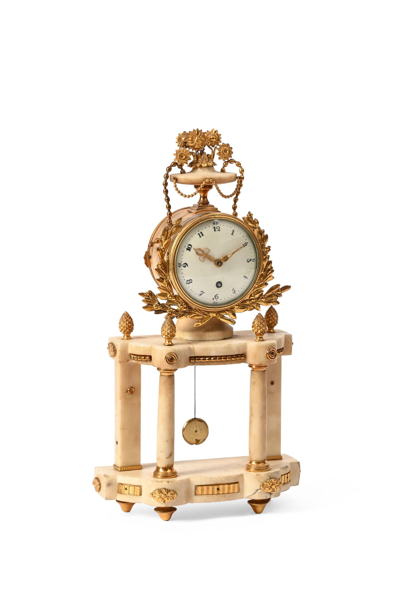A MARBLE AND GILT-METAL-MOUNTED FRENCH MANTEL TIMEPIECE, LATE 19TH CENTURY: A MARBLE AND GILT-METAL-MOUNTED FRENCH MANTEL TIMEPIECE LATE 19TH CENTURY The enamelled round dial with Arabic numerals, the movement set in a drum surmounted with an urn issuing flowers and