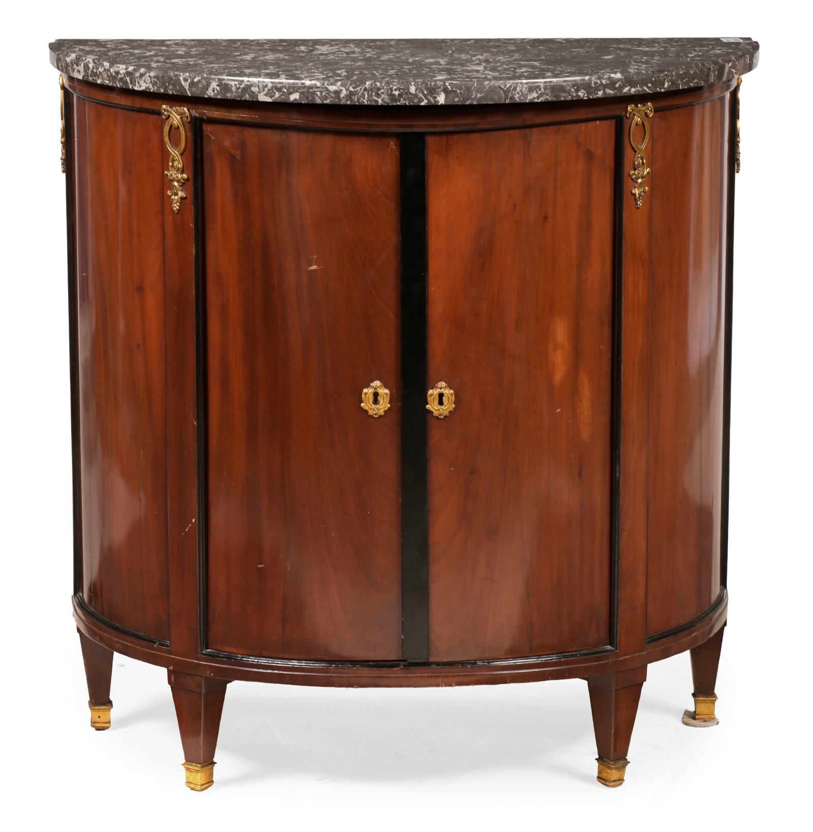 A SECOND EMPIRE MAHOGANY DEMI LUNE MARBLE TOPPED COMMODE, CIRCA 1870 - 2