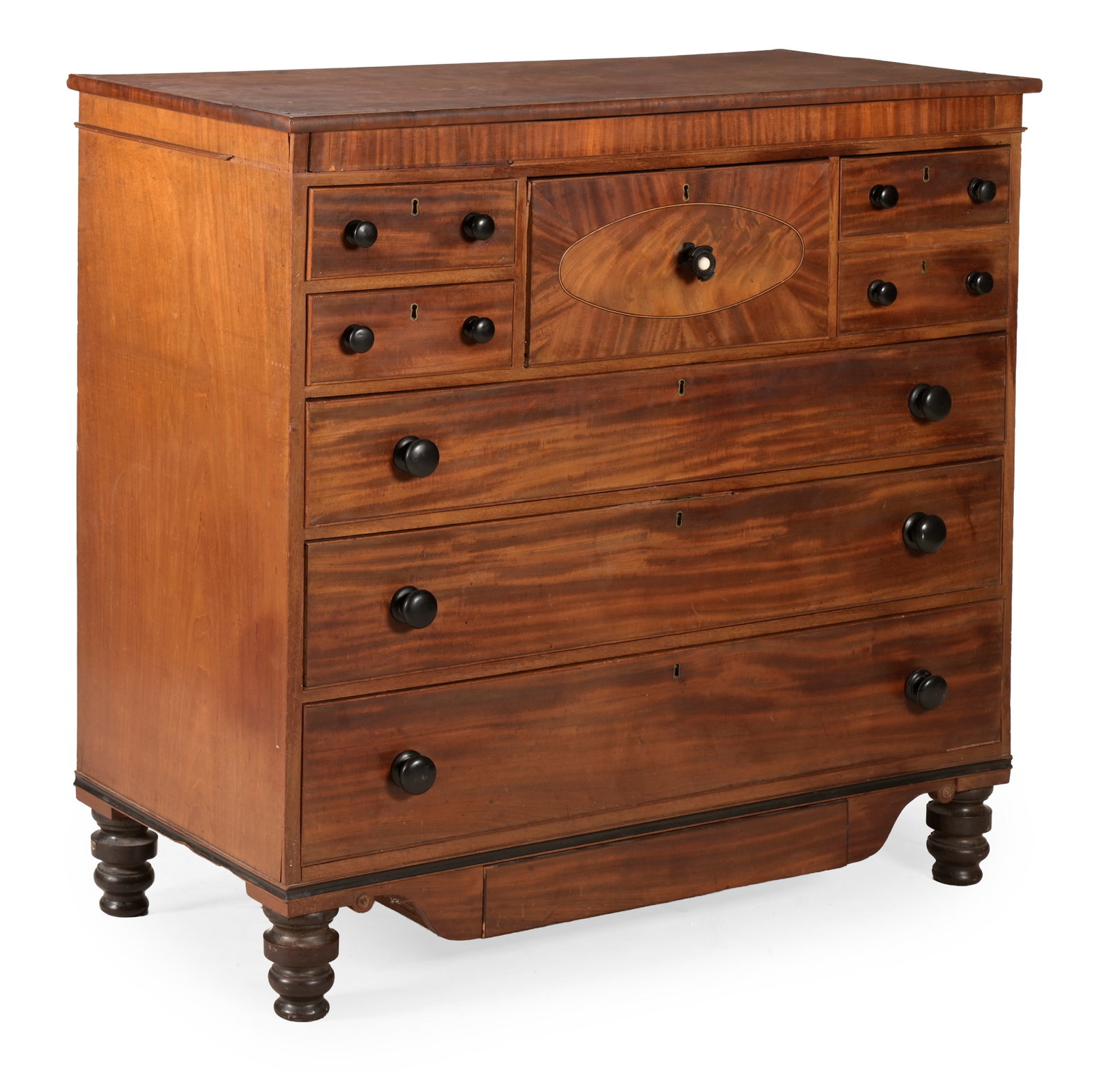 Y A VICTORIAN MAHOGANY AND SATINWOOD INLAID CHEST OF DRAWERS, PROBABLY SCOTTISH, CIRCA 1860: Y A VICTORIAN MAHOGANY AND SATINWOOD INLAID CHEST OF DRAWERS PROBABLY SCOTTISH, CIRCA 1860 With ebonised handles and one ivory handle 118cm high, 126cm wide, 58cm deep Please note Dreweatts have