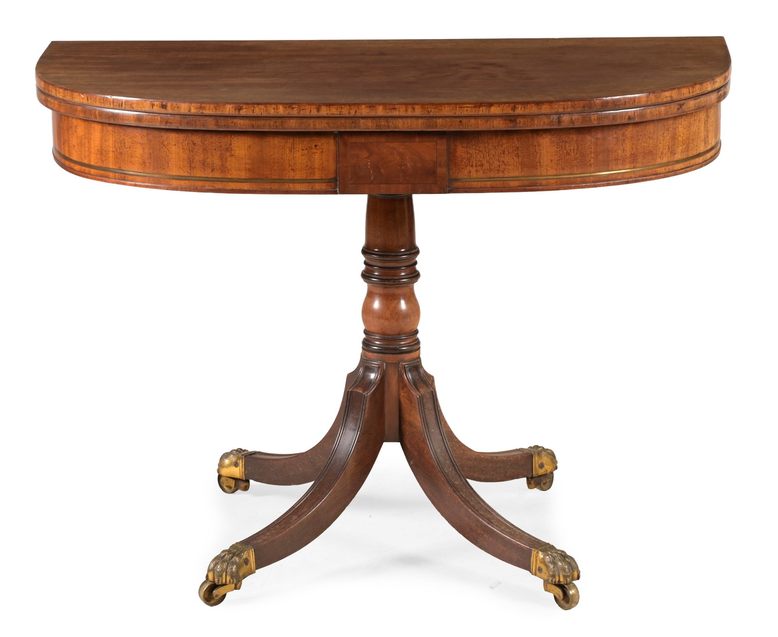 A GEORGE III BRASS INLAID MAHOGANY DEMI LUNE PILLAR TEA TABLE, CIRCA 1780 - 2