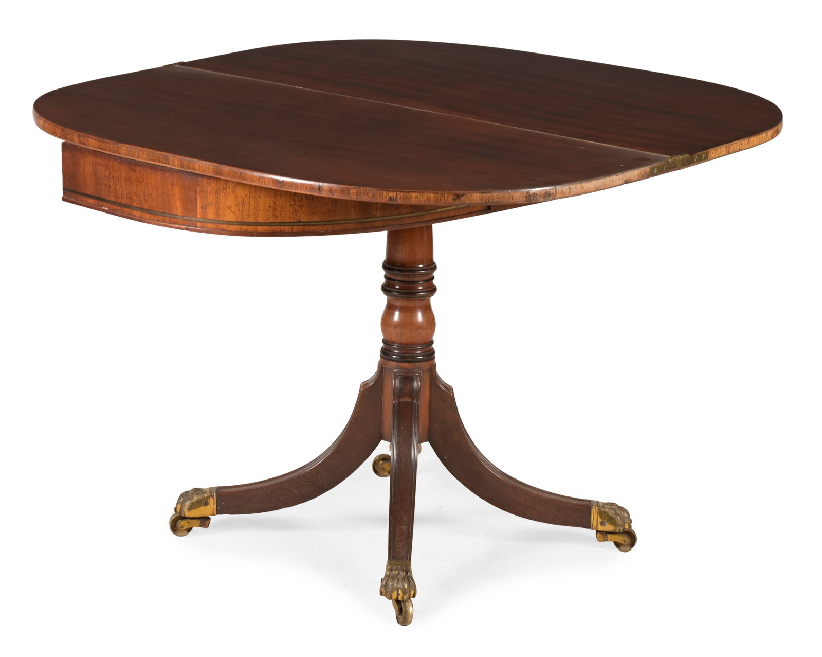 A GEORGE III BRASS INLAID MAHOGANY DEMI LUNE PILLAR TEA TABLE, CIRCA 1780 - 3